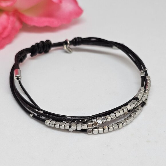 Fossil Brown Leather Multi Cord Silver Tone Beads Bracelet Boho - Picture 4 of 12